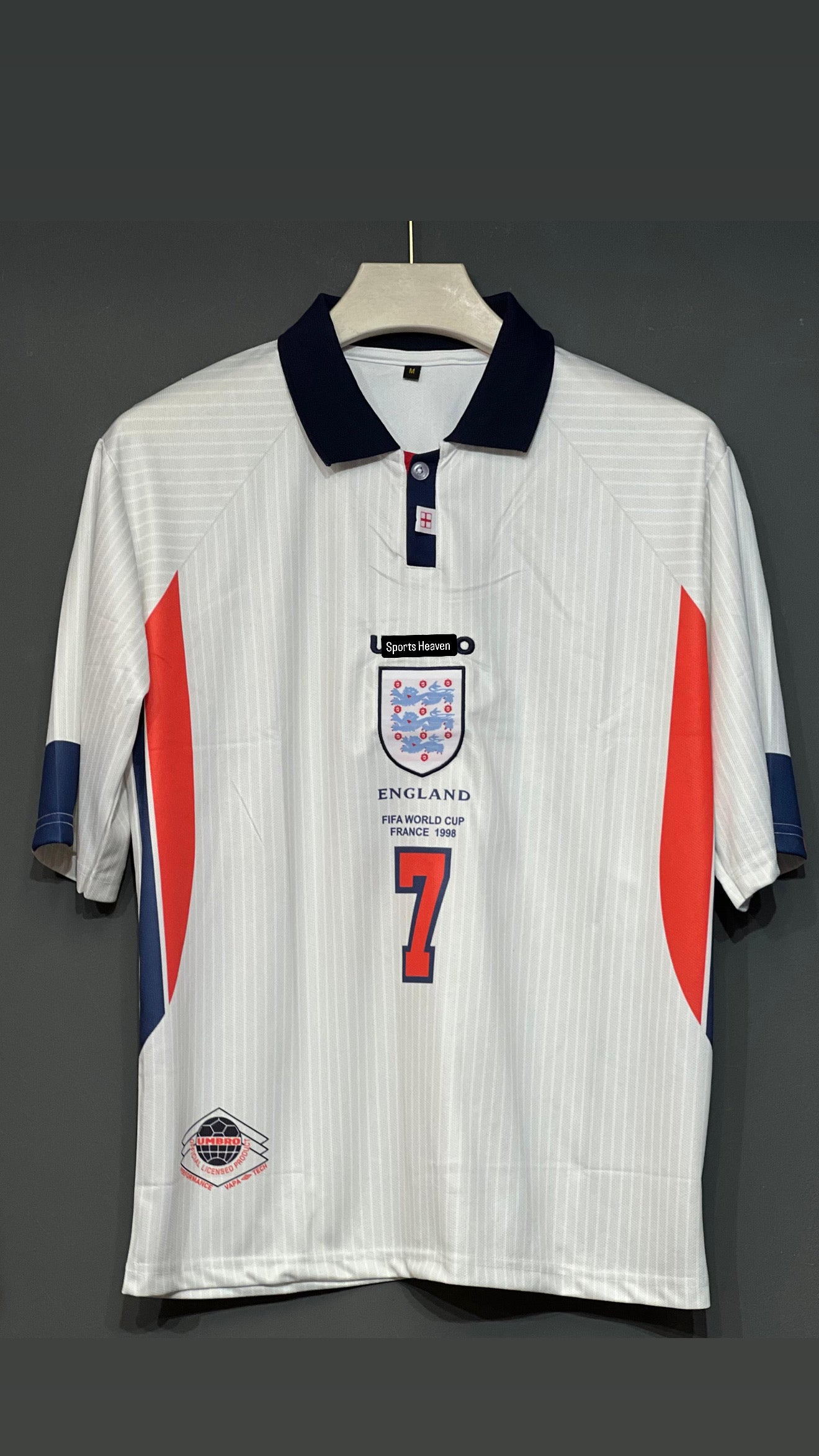 BECKHAM ENGLAND HOME KIT 1998 POLO FIVE SLEEV EMBROIDERY