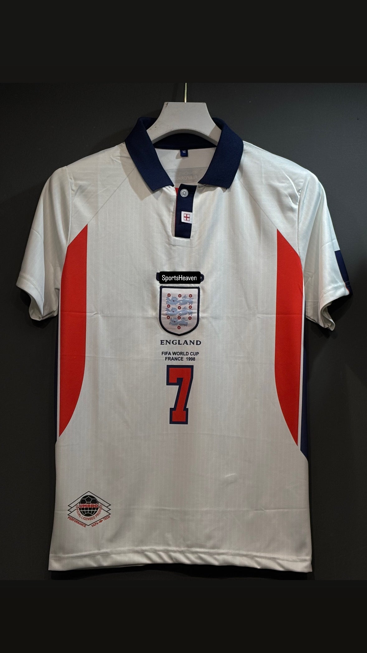 BECKHAM ENGLAND 1998 HOME KIT POLO EMBROIDERY